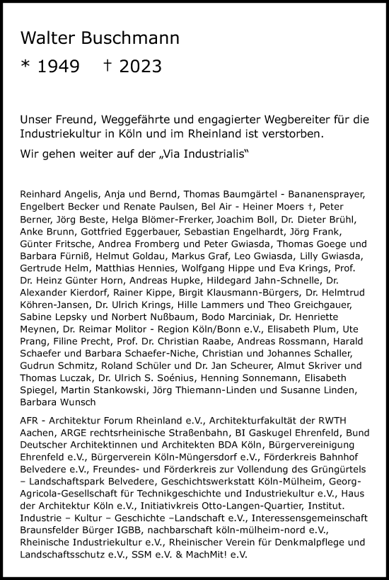 Anzeige von Walter Buschmann von Kölner Stadt-Anzeiger / Kölnische Rundschau / Express