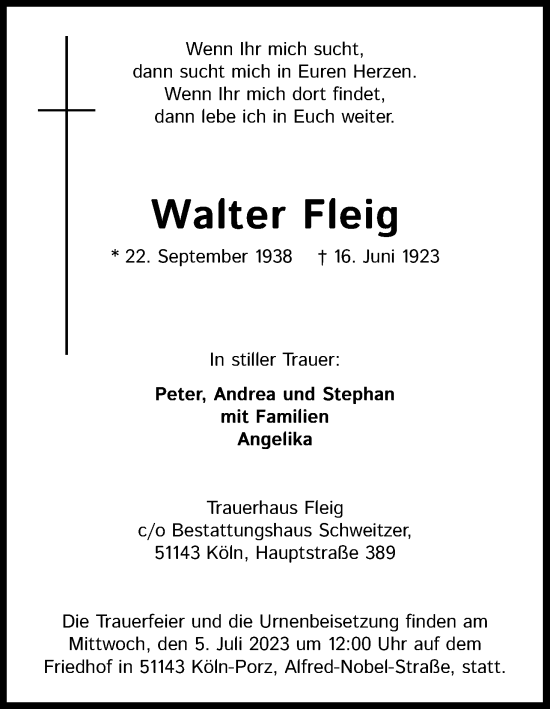 Anzeige von Walter Fleig von Kölner Stadt-Anzeiger / Kölnische Rundschau / Express