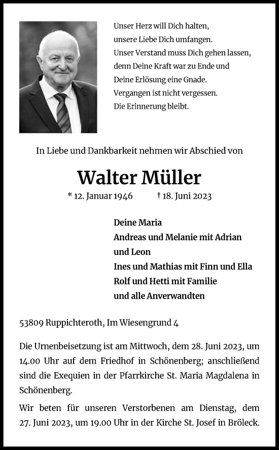 Anzeige von Walter Müller von Kölner Stadt-Anzeiger / Kölnische Rundschau / Express