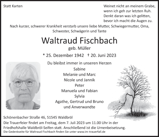 Anzeige von Waltraud Fischbach von  Lokalanzeiger 