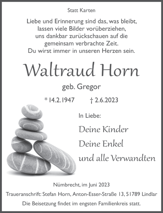 Anzeige von Waltraud Horn von  Lokalanzeiger 