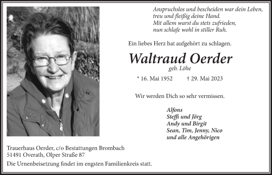 Anzeige von Waltraud Oerder von  Bergisches Handelsblatt 