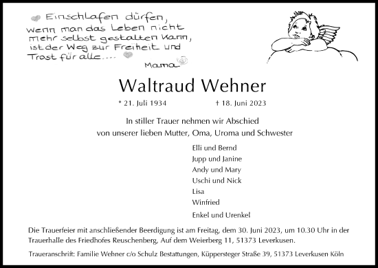 Anzeige von Waltraud Wehner von Kölner Stadt-Anzeiger / Kölnische Rundschau / Express