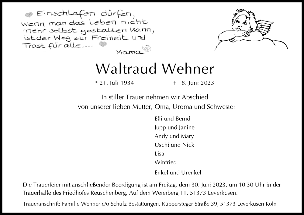  Traueranzeige für Waltraud Wehner vom 24.06.2023 aus Kölner Stadt-Anzeiger / Kölnische Rundschau / Express