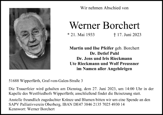 Anzeige von Werner Borchert von Kölner Stadt-Anzeiger / Kölnische Rundschau / Express