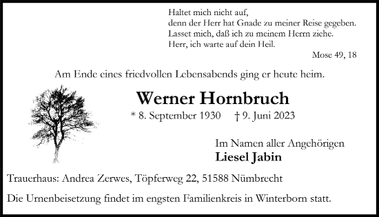 Anzeige von Werner Hornbruch von  Anzeigen Echo  Lokalanzeiger 