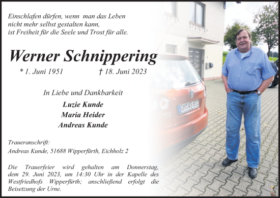 Anzeige von Werner Schnippering von Kölner Stadt-Anzeiger / Kölnische Rundschau / Express