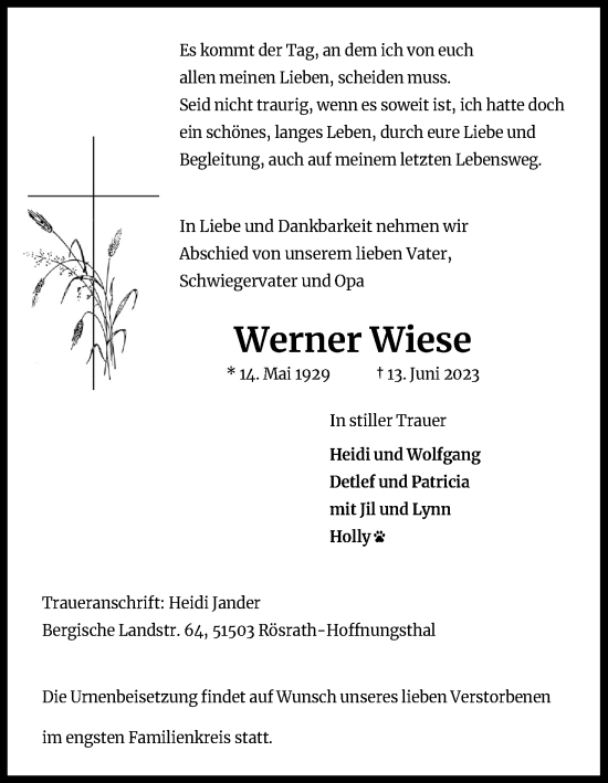 Anzeige von Werner Wiese von Kölner Stadt-Anzeiger / Kölnische Rundschau / Express
