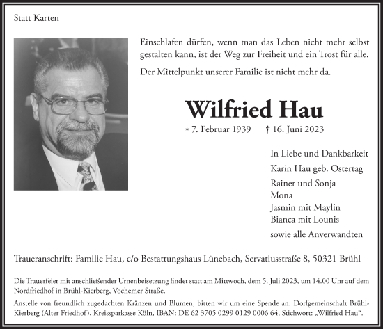 Anzeige von Wilfried Hau von  Schlossbote/Werbekurier 