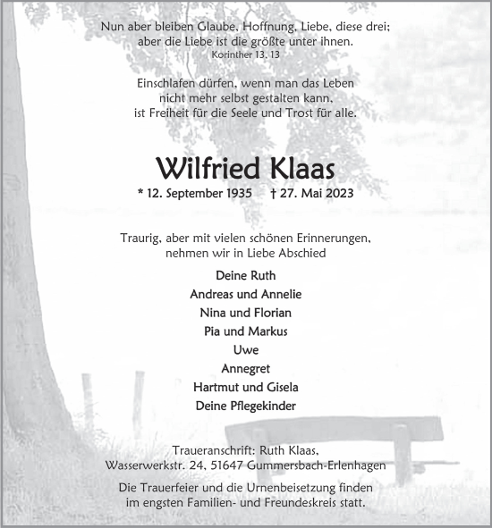 Anzeige von Wilfried Klaas von  Anzeigen Echo 