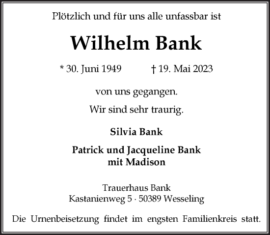 Anzeige von Wilhelm Bank von  Schlossbote/Werbekurier 