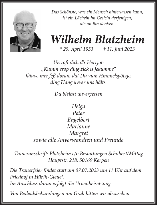 Anzeige von Wilhelm Blatzheim von  Wochenende 