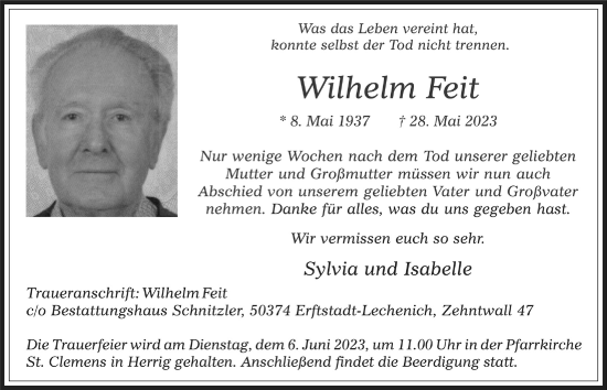 Anzeige von Wilhelm Feit von  Werbepost 