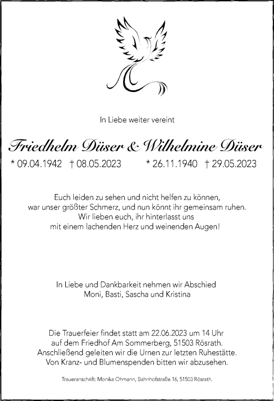 Anzeige von Wilhelmine Düser von  Bergisches Handelsblatt 
