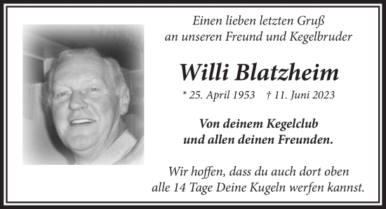 Anzeige von Willi Blatzheim von  Wochenende 