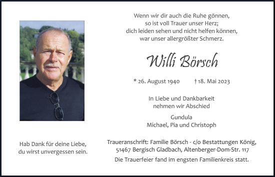 Anzeige von Willi Börsch von  Bergisches Handelsblatt 