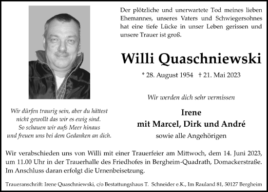 Anzeige von Willi Quaschniewski von  Werbepost 