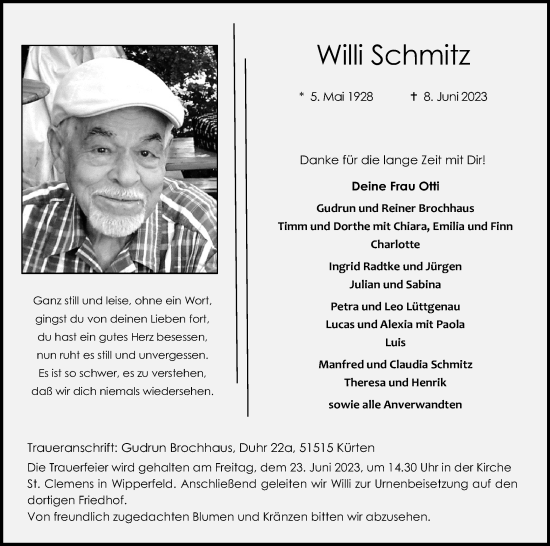 Anzeige von Willi Schmitz von Kölner Stadt-Anzeiger / Kölnische Rundschau / Express