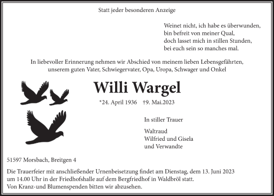 Anzeige von Willi Wargel von  Lokalanzeiger 