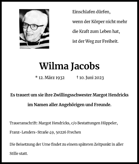 Anzeige von Wilma Jacobs von Kölner Stadt-Anzeiger / Kölnische Rundschau / Express