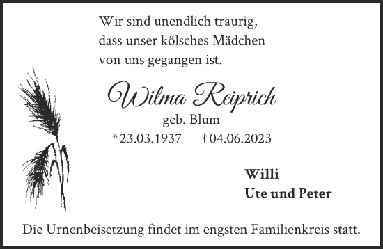 Anzeige von Wilma Reiprich von  EXPRESS - Die Woche 