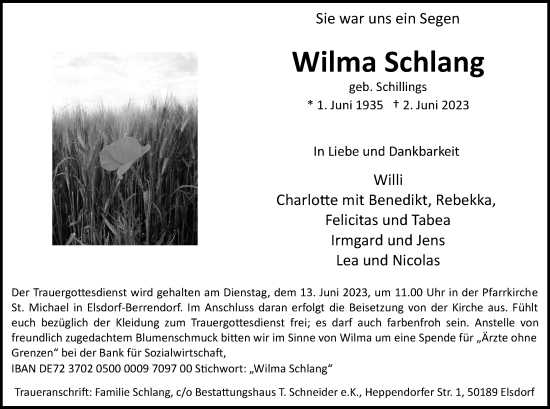 Anzeige von Wilma Schlang von Kölner Stadt-Anzeiger / Kölnische Rundschau / Express