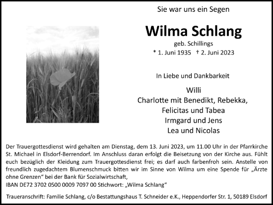 Anzeige von Wilma Schlang von  Werbepost 