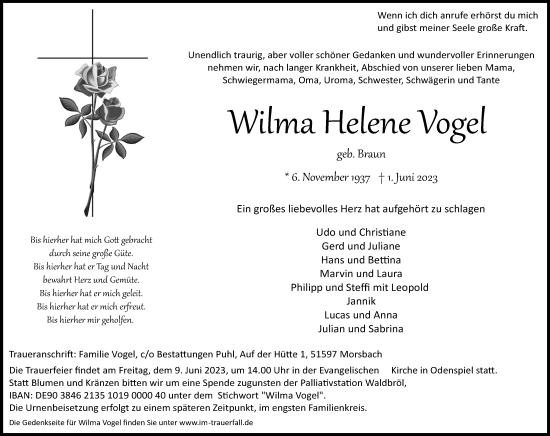 Anzeige von Wilma Helene Vogel von Kölner Stadt-Anzeiger / Kölnische Rundschau / Express