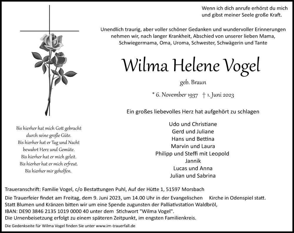  Traueranzeige für Wilma Helene Vogel vom 03.06.2023 aus Kölner Stadt-Anzeiger / Kölnische Rundschau / Express