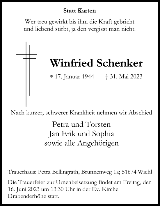 Anzeige von Winfried Schenker von Kölner Stadt-Anzeiger / Kölnische Rundschau / Express