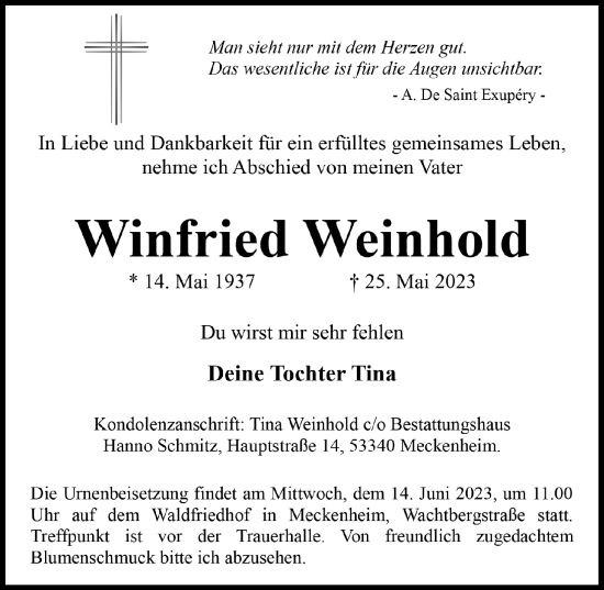 Anzeige von Winfried Weinhold von  Schaufenster/Blickpunkt 