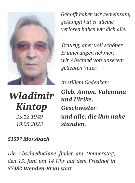 Anzeige von Wladimir Kintop von  Lokalanzeiger 