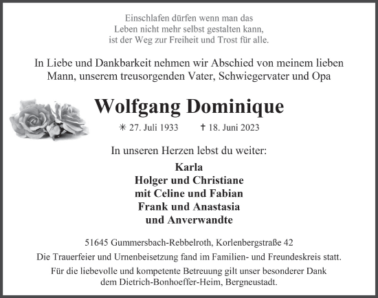 Anzeige von Wolfgang Dominique von  Anzeigen Echo 