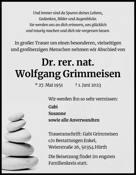 Anzeige von Wolfgang Grimmeisen von Kölner Stadt-Anzeiger / Kölnische Rundschau / Express