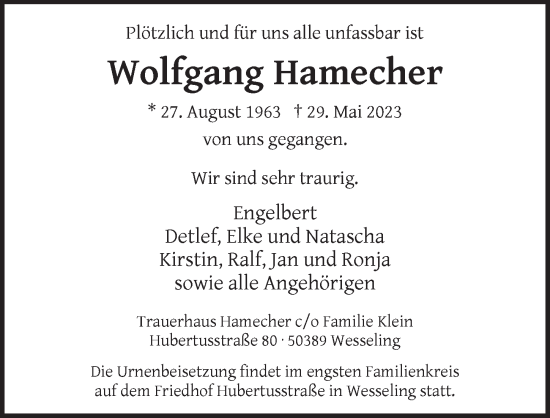 Anzeige von Wolfgang Hamecher von  Schlossbote/Werbekurier 