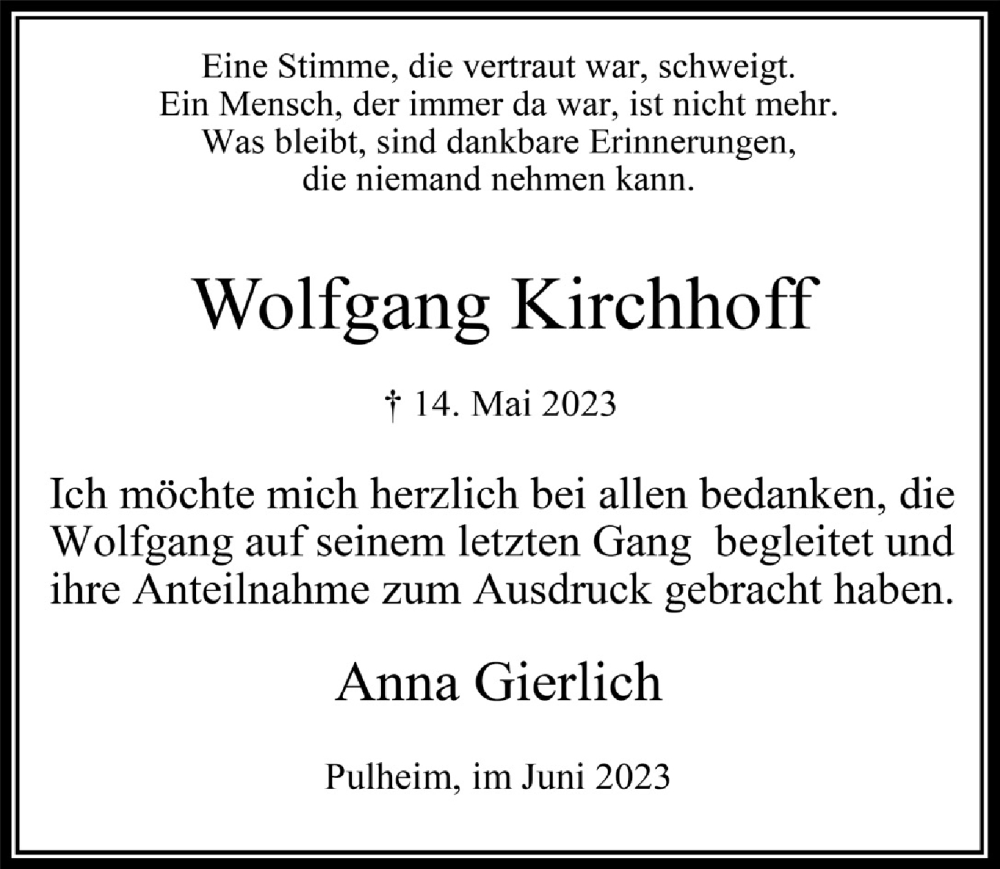  Traueranzeige für Wolfgang Kirchhoff vom 30.06.2023 aus  Wochenende 