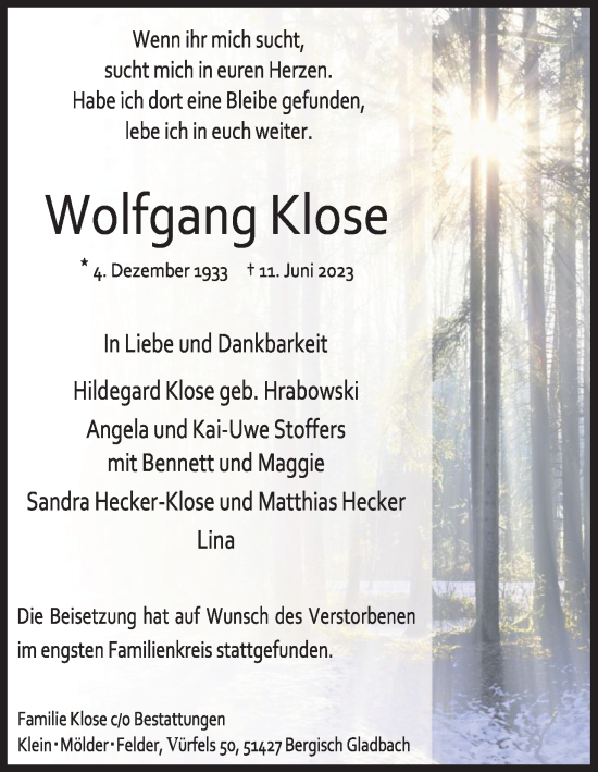 Anzeige von Wolfgang Klose von Kölner Stadt-Anzeiger / Kölnische Rundschau / Express
