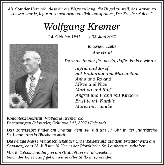 Anzeige von Wolfgang Kremer von  Werbepost 