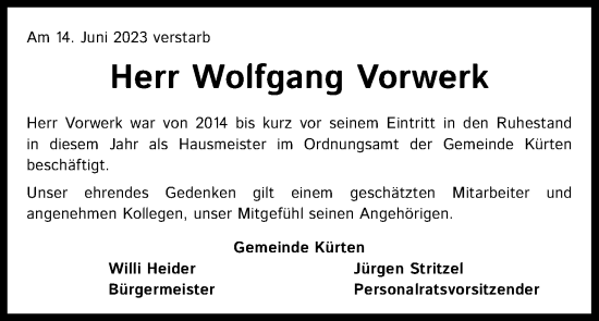 Anzeige von Wolfgang Vorwerk von Kölner Stadt-Anzeiger / Kölnische Rundschau / Express