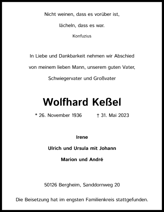 Anzeige von Wolfhard Keßel von Kölner Stadt-Anzeiger / Kölnische Rundschau / Express
