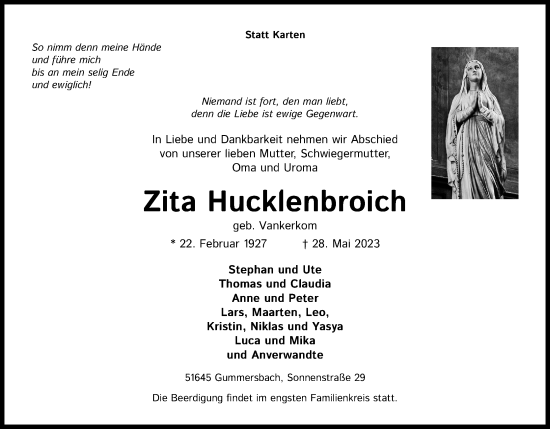 Anzeige von Zita Hucklenbroich von Kölner Stadt-Anzeiger / Kölnische Rundschau / Express
