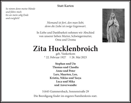 Anzeige von Zita Hucklenbroich von  Anzeigen Echo 