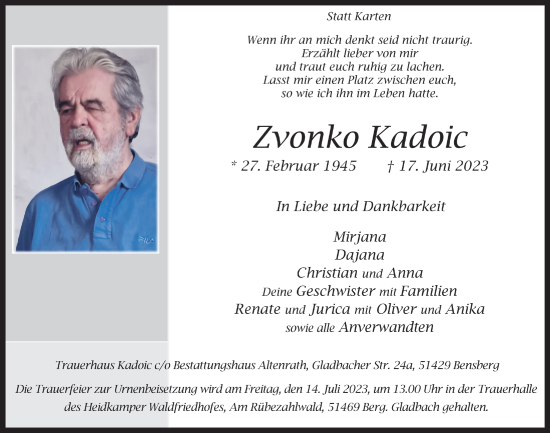 Anzeige von Zvonko Kadoic von  Bergisches Handelsblatt 