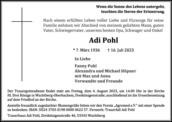 Anzeige von Adi Pohl von Kölner Stadt-Anzeiger / Kölnische Rundschau / Express