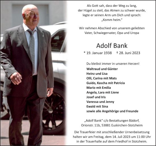 Anzeige von Adolf Bank von  Blickpunkt Euskirchen 
