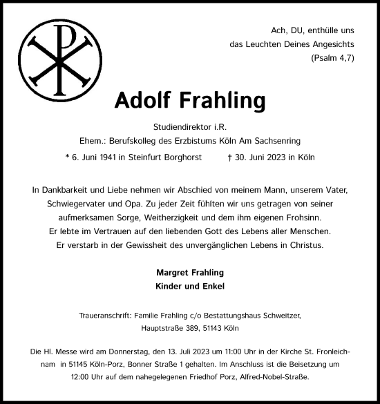 Anzeige von Adolf Frahling von Kölner Stadt-Anzeiger / Kölnische Rundschau / Express
