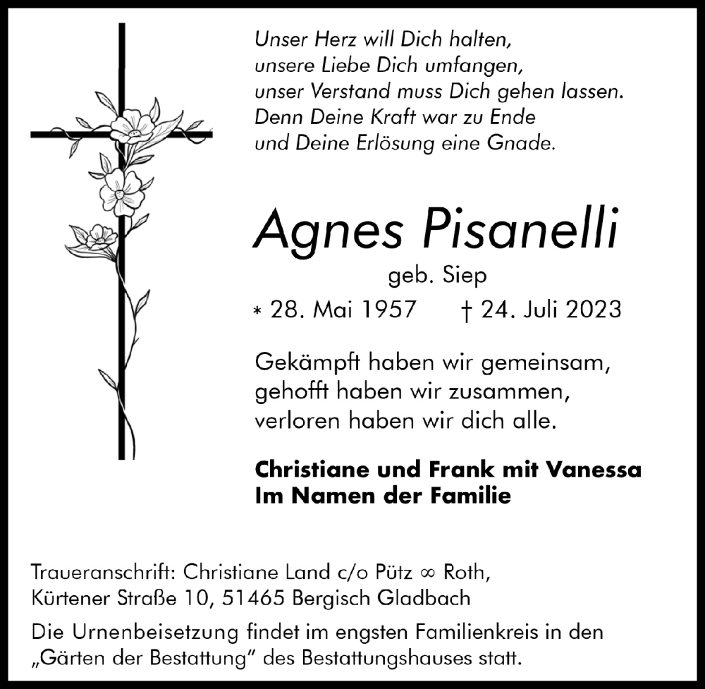  Traueranzeige für Agnes Pisanelli vom 28.07.2023 aus  Bergisches Handelsblatt 