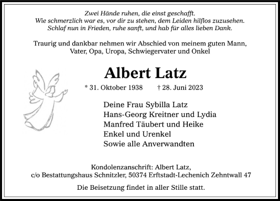 Anzeige von Albert Latz von  Werbepost 