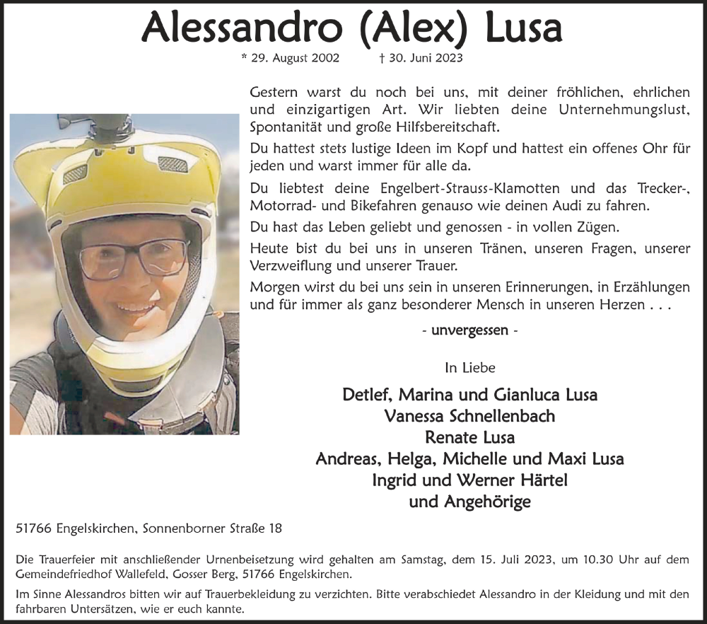  Traueranzeige für Alessandro Lusa vom 07.07.2023 aus  Anzeigen Echo 