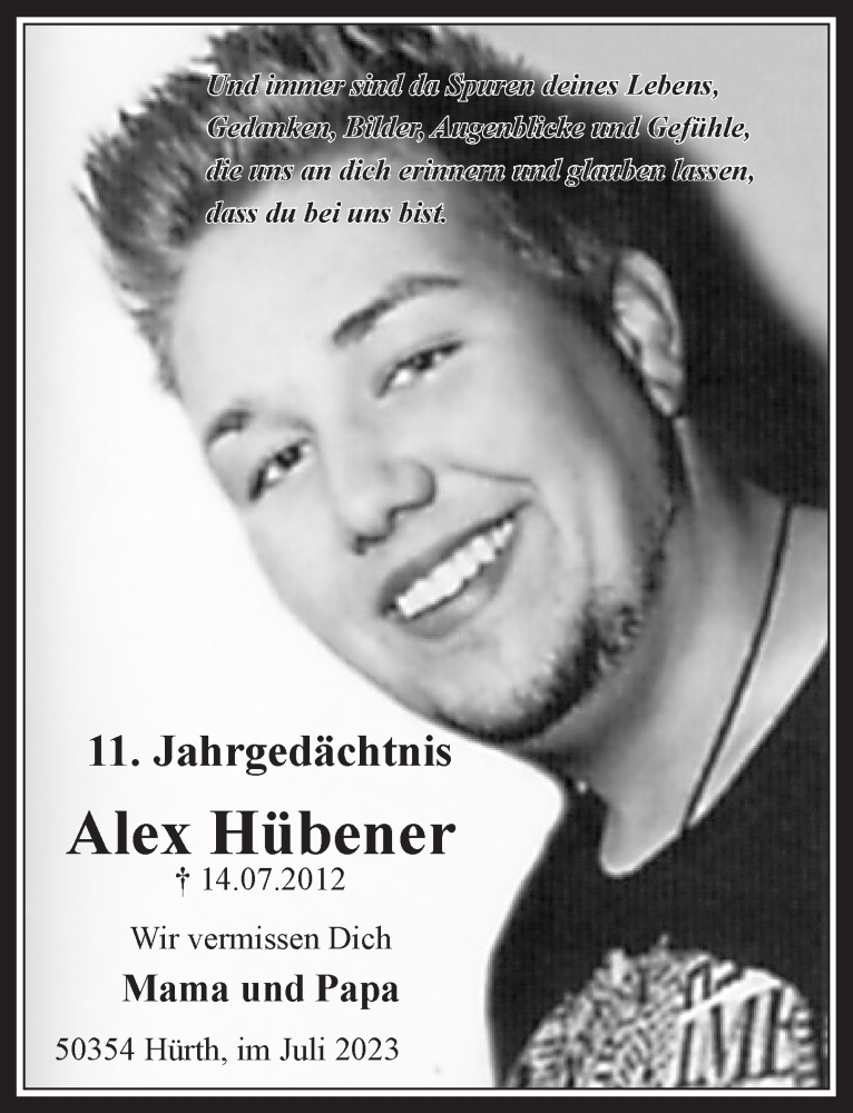  Traueranzeige für Alex Hübener vom 18.07.2023 aus  Wochenende 